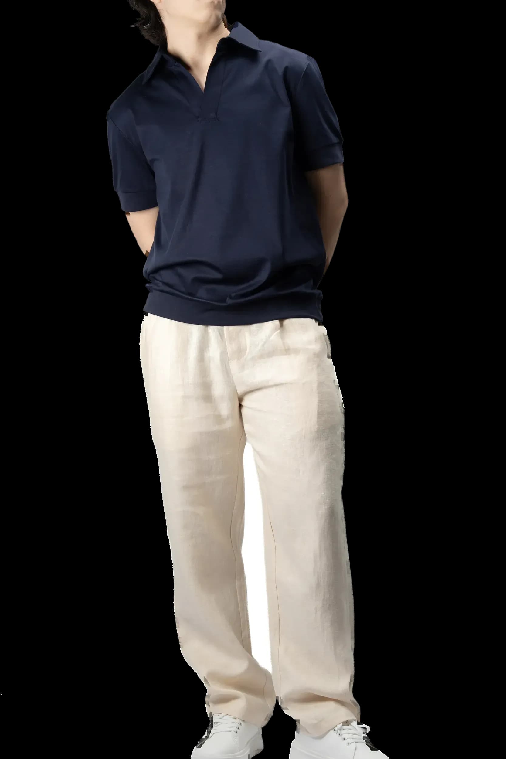 Model: navy polo with beige trousers